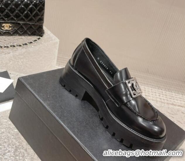 Crafted Chanel Calfskin Moccasins Loafers with Framed CC Black/Silver 819050