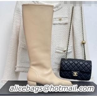 Top Grade Chanel Stretch Lambskin Heel High Boots 5cm Beige 819052 