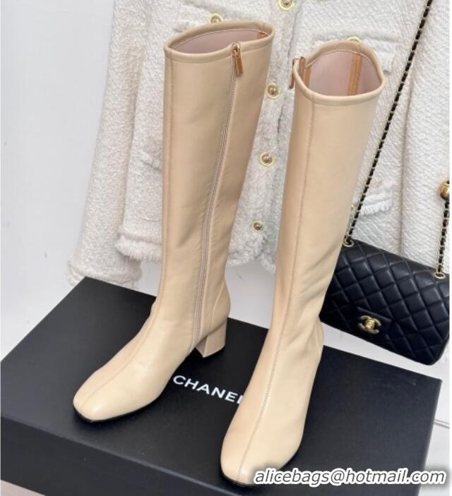 Top Grade Chanel Stretch Lambskin Heel High Boots 5cm Beige 819052 