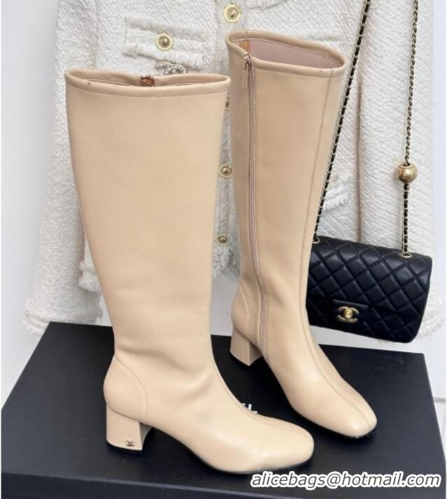 Top Grade Chanel Stretch Lambskin Heel High Boots 5cm Beige 819052 