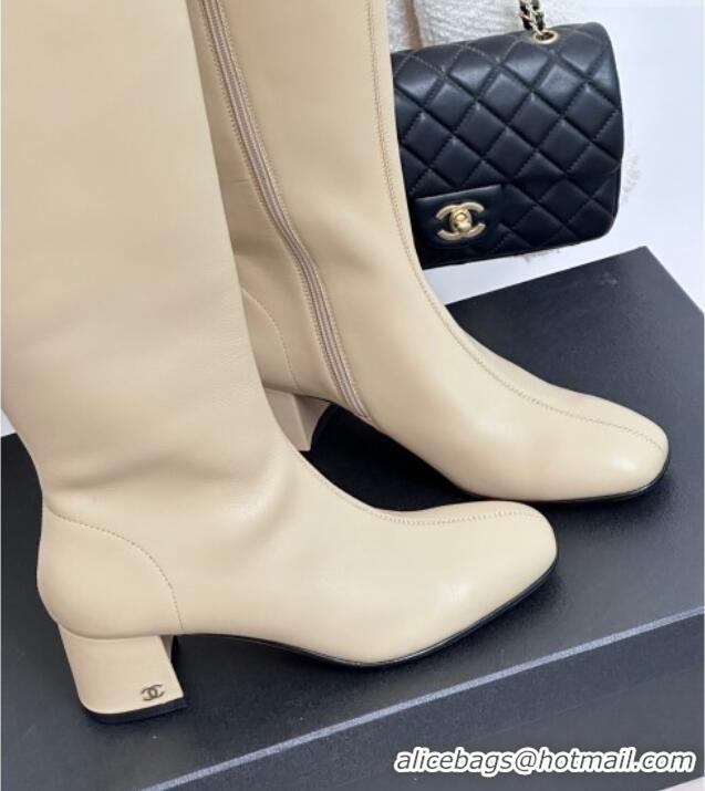 Top Grade Chanel Stretch Lambskin Heel High Boots 5cm Beige 819052 