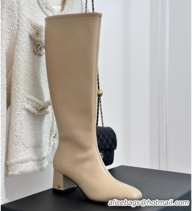 Top Grade Chanel Stretch Lambskin Heel High Boots 5cm Beige 819052 