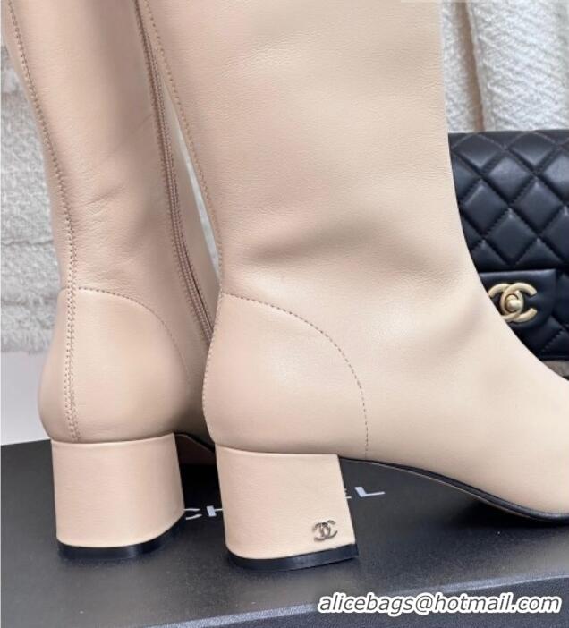 Top Grade Chanel Stretch Lambskin Heel High Boots 5cm Beige 819052 