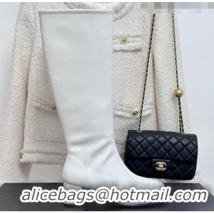 Charming Chanel Stretch Lambskin Heel High Boots 5cm White 819053