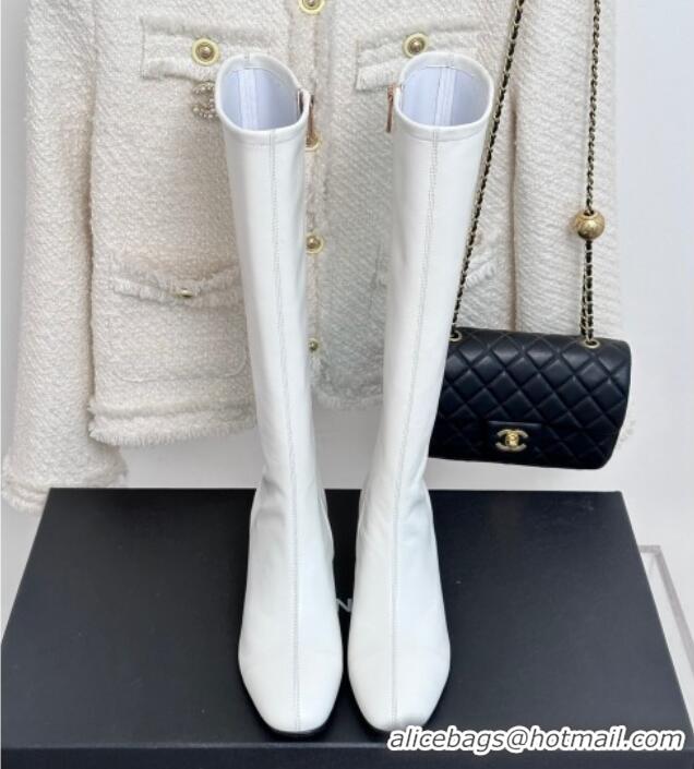 Charming Chanel Stretch Lambskin Heel High Boots 5cm White 819053