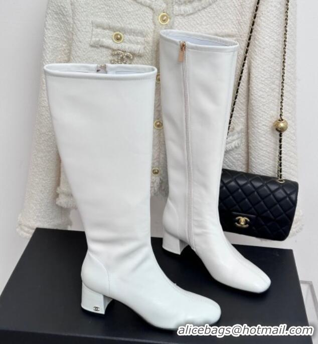 Charming Chanel Stretch Lambskin Heel High Boots 5cm White 819053