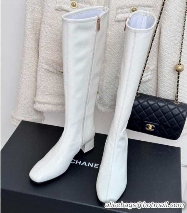 Charming Chanel Stretch Lambskin Heel High Boots 5cm White 819053