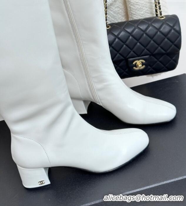 Charming Chanel Stretch Lambskin Heel High Boots 5cm White 819053