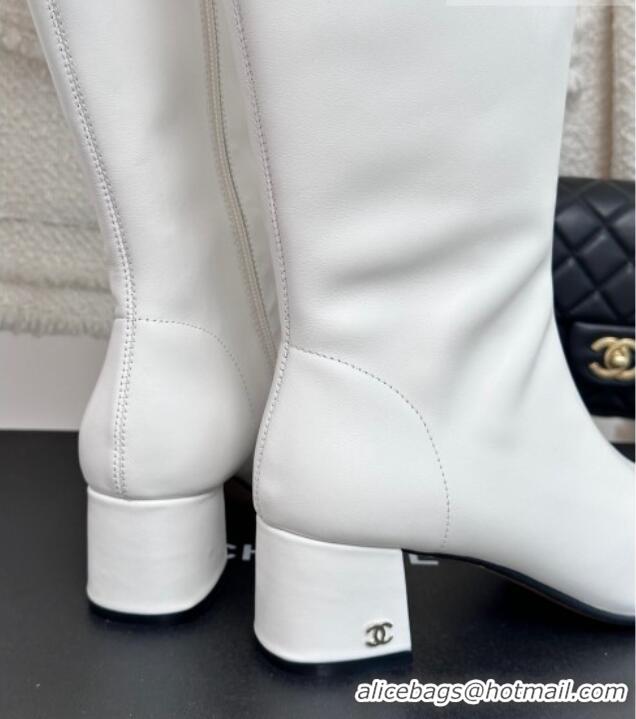 Charming Chanel Stretch Lambskin Heel High Boots 5cm White 819053