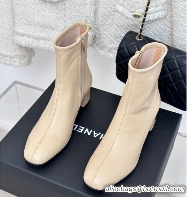 Shop Chanel Stretch Lambskin Heel Ankle Boots 5cm Beige 819055