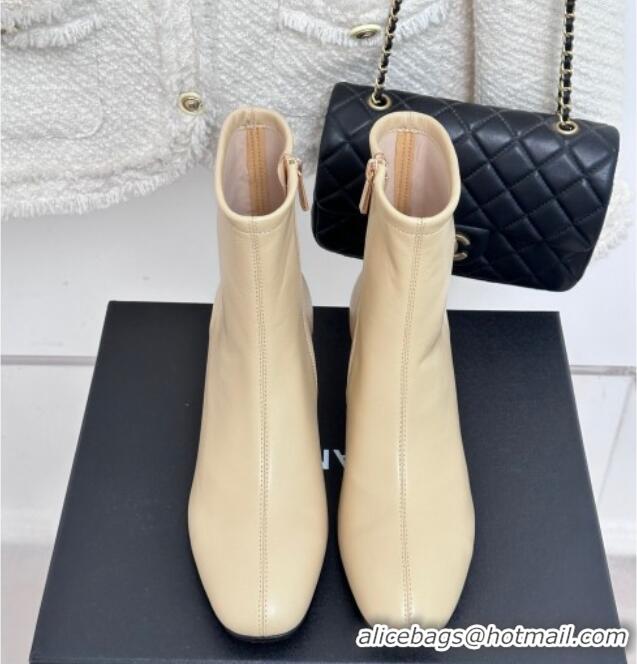 Shop Chanel Stretch Lambskin Heel Ankle Boots 5cm Beige 819055