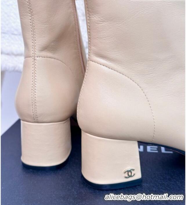 Shop Chanel Stretch Lambskin Heel Ankle Boots 5cm Beige 819055