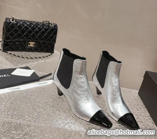 Unique Style Chanel Calfskin & Patent Leather Pointed Ankle Boots 4cm Silver 819065 