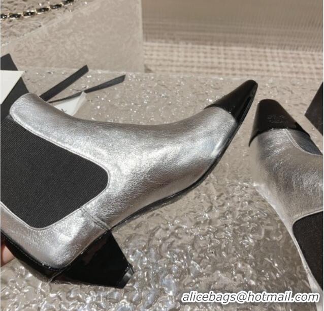 Unique Style Chanel Calfskin & Patent Leather Pointed Ankle Boots 4cm Silver 819065 