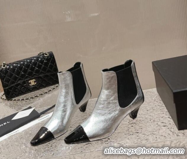 Unique Style Chanel Calfskin & Patent Leather Pointed Ankle Boots 4cm Silver 819065 