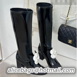 Top Quality Chanel Patent Calfskin & Grosgrain Heel High Boots 6cm with Camellia Bloom Black 819057