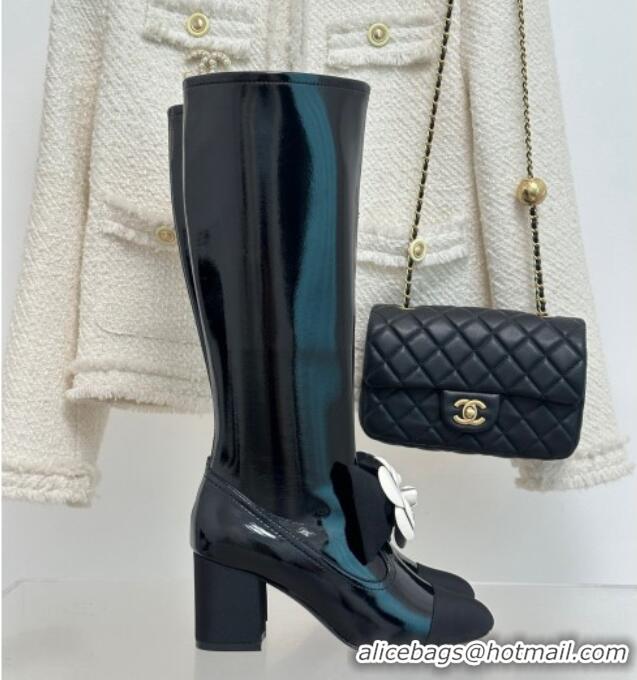 Top Quality Chanel Patent Calfskin & Grosgrain Heel High Boots 6cm with Camellia Bloom Black 819057