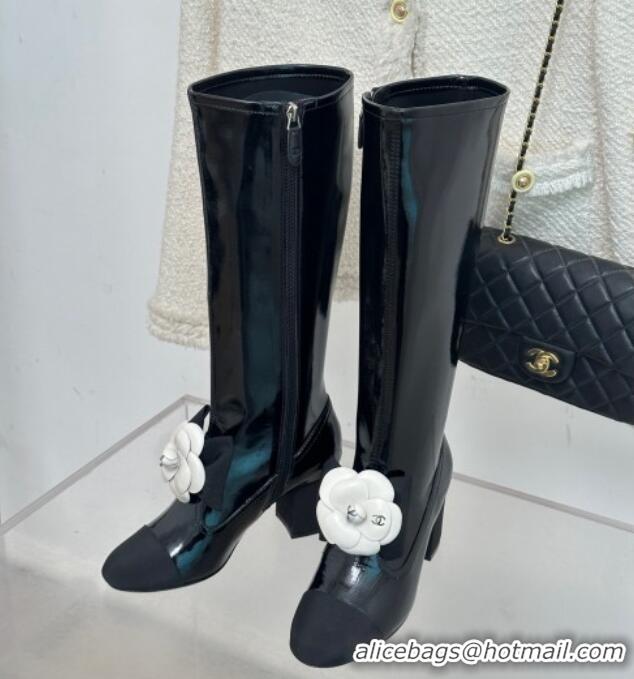 Top Quality Chanel Patent Calfskin & Grosgrain Heel High Boots 6cm with Camellia Bloom Black 819057