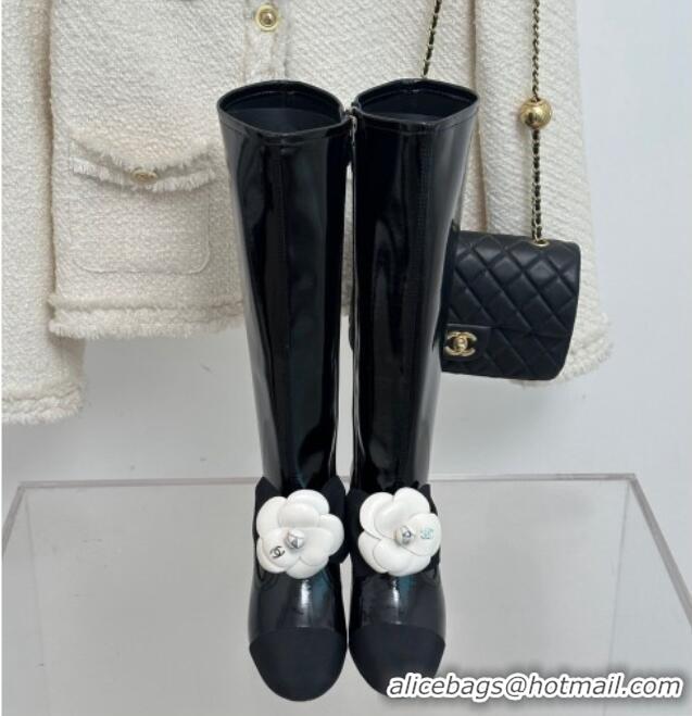 Top Quality Chanel Patent Calfskin & Grosgrain Heel High Boots 6cm with Camellia Bloom Black 819057