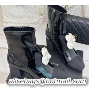 New Style Chanel Patent Calfskin & Grosgrain Heel Ankle Boots 6cm with Camellia Bloom Black 819058