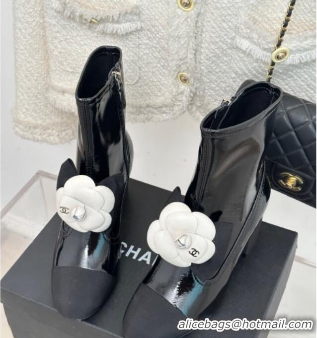 New Style Chanel Patent Calfskin & Grosgrain Heel Ankle Boots 6cm with Camellia Bloom Black 819058