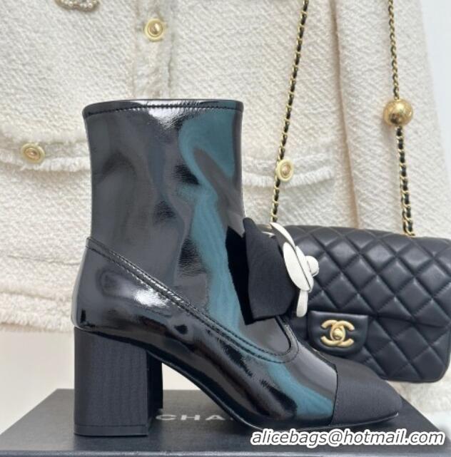 New Style Chanel Patent Calfskin & Grosgrain Heel Ankle Boots 6cm with Camellia Bloom Black 819058