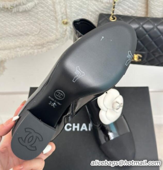 New Style Chanel Patent Calfskin & Grosgrain Heel Ankle Boots 6cm with Camellia Bloom Black 819058