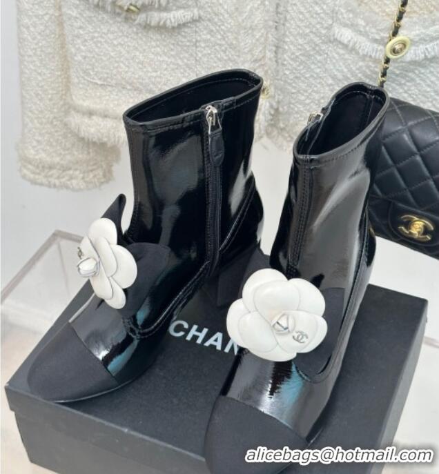 New Style Chanel Patent Calfskin & Grosgrain Heel Ankle Boots 6cm with Camellia Bloom Black 819058