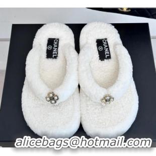 Best Luxury Chanel Shearling Flat Thong Slide Sandals White 819059