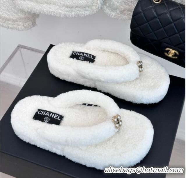 Best Luxury Chanel Shearling Flat Thong Slide Sandals White 819059