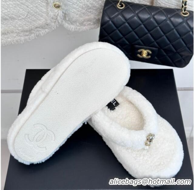 Best Luxury Chanel Shearling Flat Thong Slide Sandals White 819059