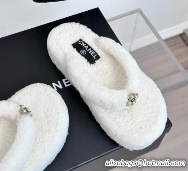 Best Luxury Chanel Shearling Flat Thong Slide Sandals White 819059