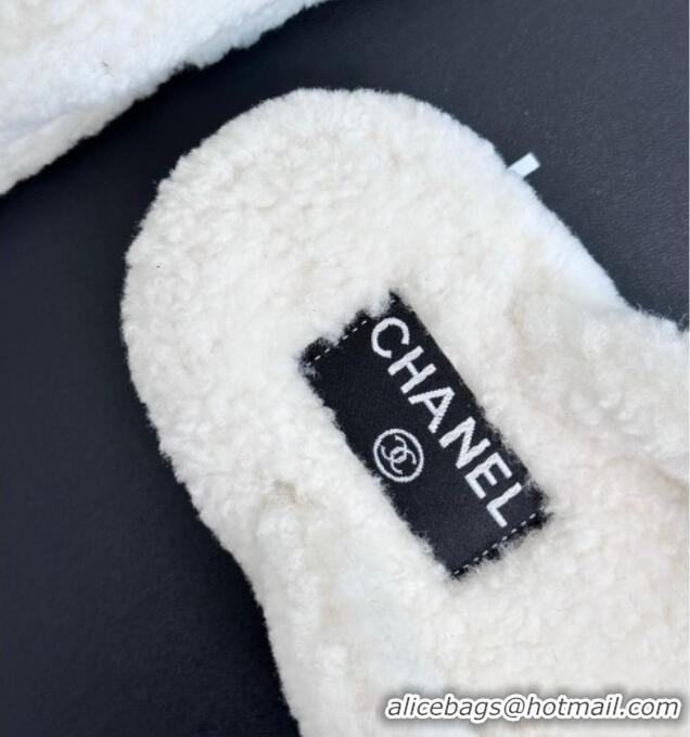 Best Luxury Chanel Shearling Flat Thong Slide Sandals White 819059