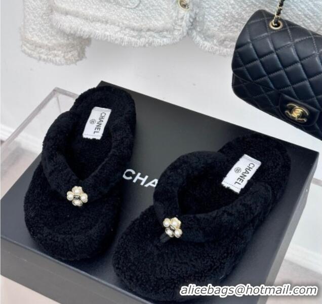 Luxurious Chanel Shearling Flat Thong Slide Sandals Black 819060