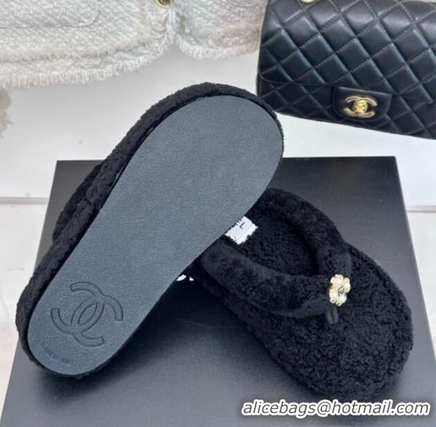 Luxurious Chanel Shearling Flat Thong Slide Sandals Black 819060