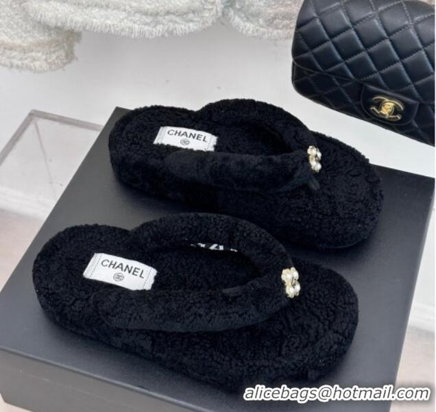 Luxurious Chanel Shearling Flat Thong Slide Sandals Black 819060