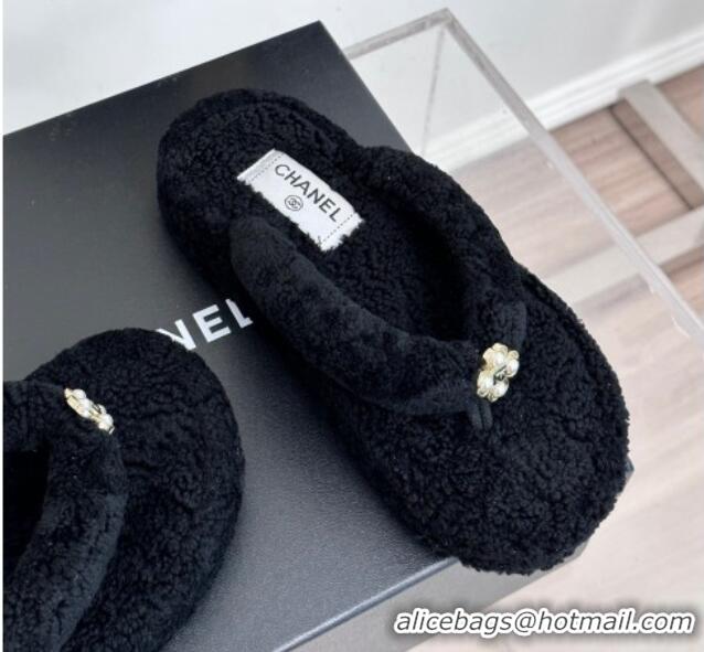 Luxurious Chanel Shearling Flat Thong Slide Sandals Black 819060