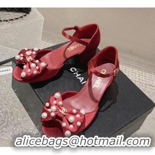 Popular Chanel Silk Heel Sandals with Pearls Bow Red 819061