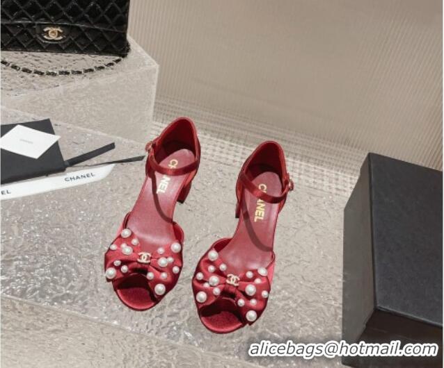 Popular Chanel Silk Heel Sandals with Pearls Bow Red 819061