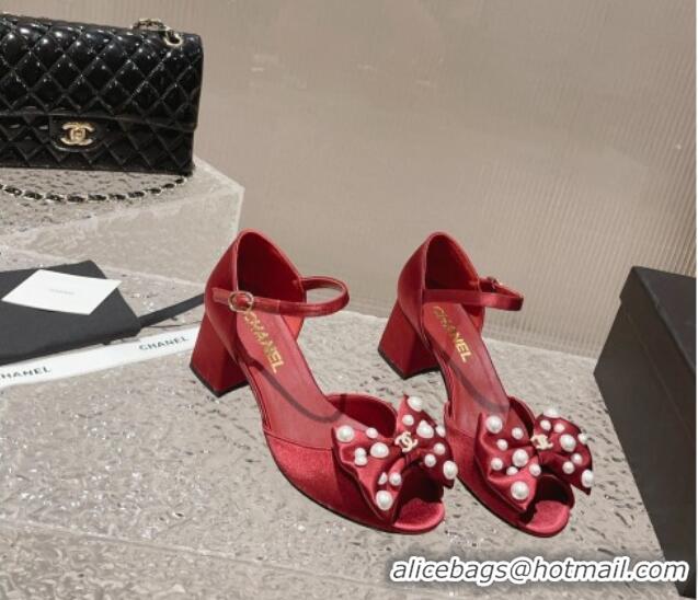 Popular Chanel Silk Heel Sandals with Pearls Bow Red 819061