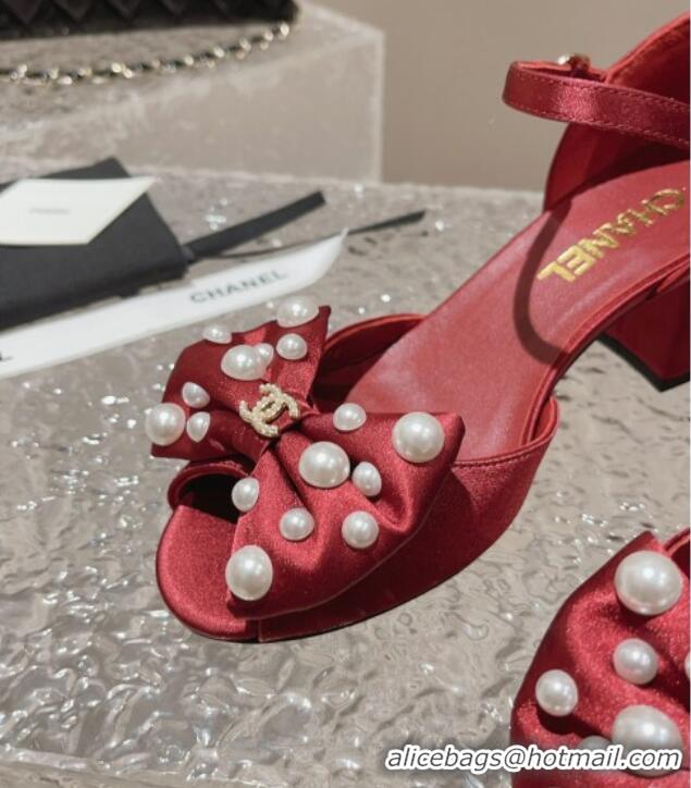 Popular Chanel Silk Heel Sandals with Pearls Bow Red 819061