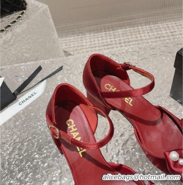 Popular Chanel Silk Heel Sandals with Pearls Bow Red 819061