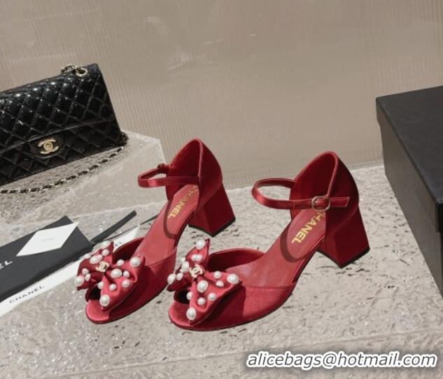 Popular Chanel Silk Heel Sandals with Pearls Bow Red 819061