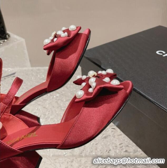 Popular Chanel Silk Heel Sandals with Pearls Bow Red 819061