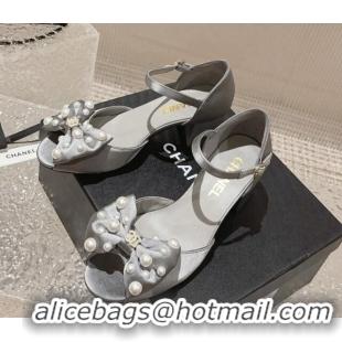 Best Quality Chanel Silk Heel Sandals with Pearls Bow Light Grey 819062