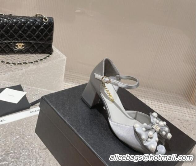 Best Quality Chanel Silk Heel Sandals with Pearls Bow Light Grey 819062