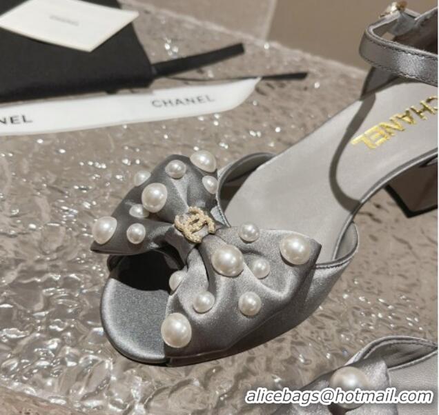 Best Quality Chanel Silk Heel Sandals with Pearls Bow Light Grey 819062