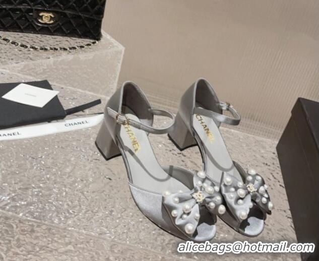 Best Quality Chanel Silk Heel Sandals with Pearls Bow Light Grey 819062