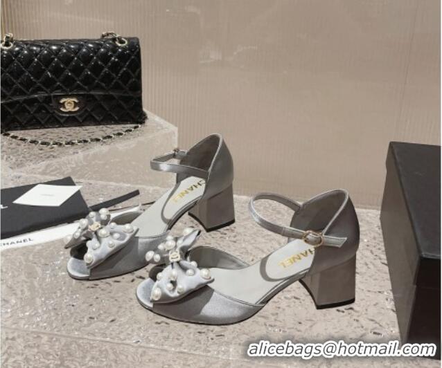 Best Quality Chanel Silk Heel Sandals with Pearls Bow Light Grey 819062