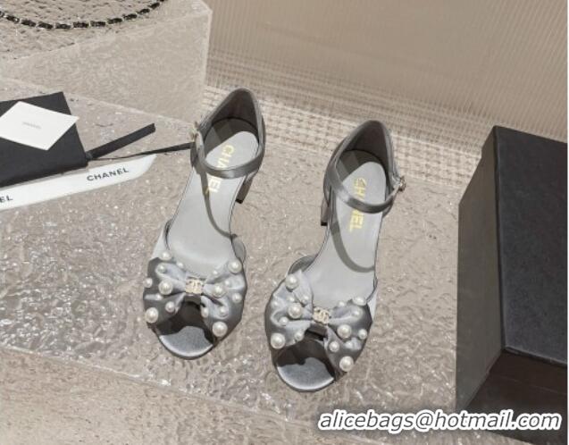 Best Quality Chanel Silk Heel Sandals with Pearls Bow Light Grey 819062